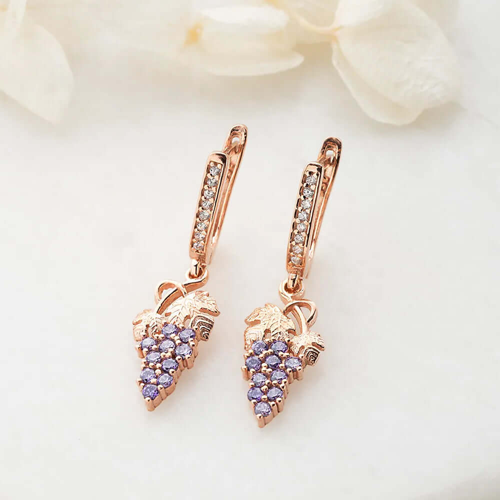 Purple Zirconia Grapes Dangle Earrings Gold-Plated Silver