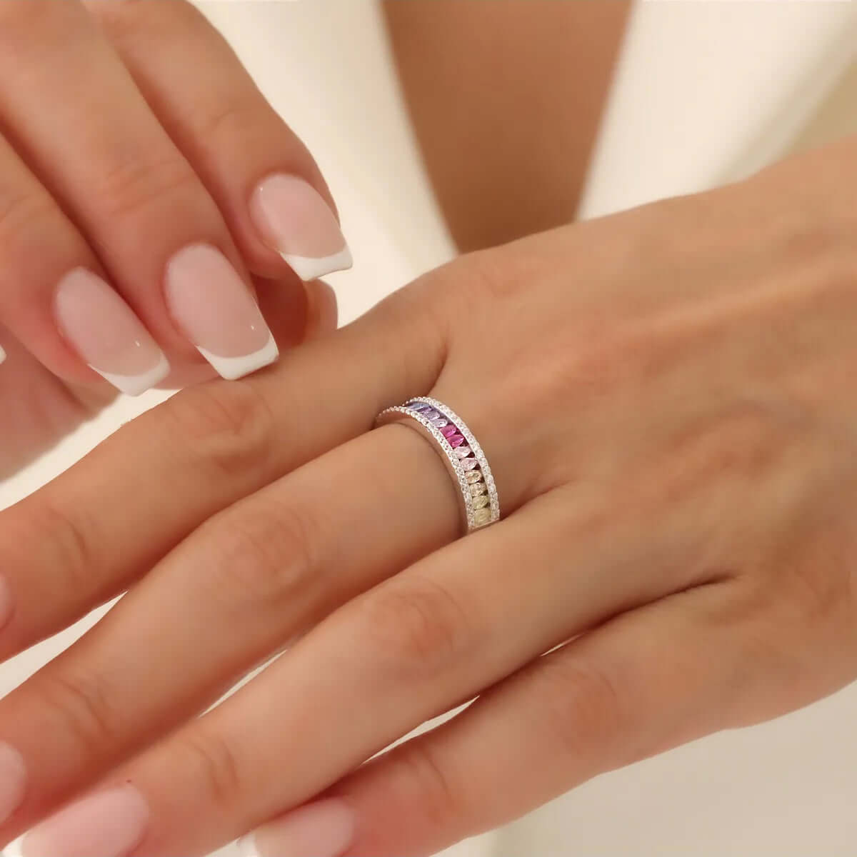 Rainbow CZ Crystal Ring 925 Silver Channel Band