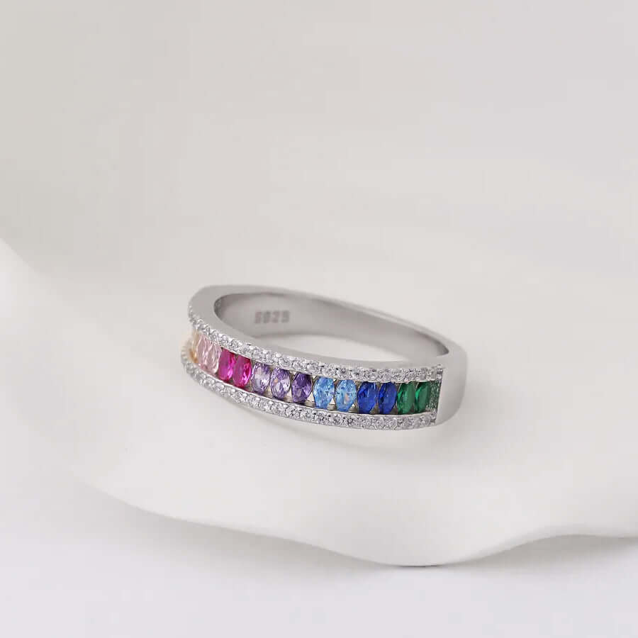 Rainbow CZ Crystal Ring 925 Silver Channel Band