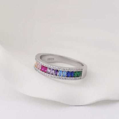 Rainbow CZ Crystal Ring 925 Silver Channel Band