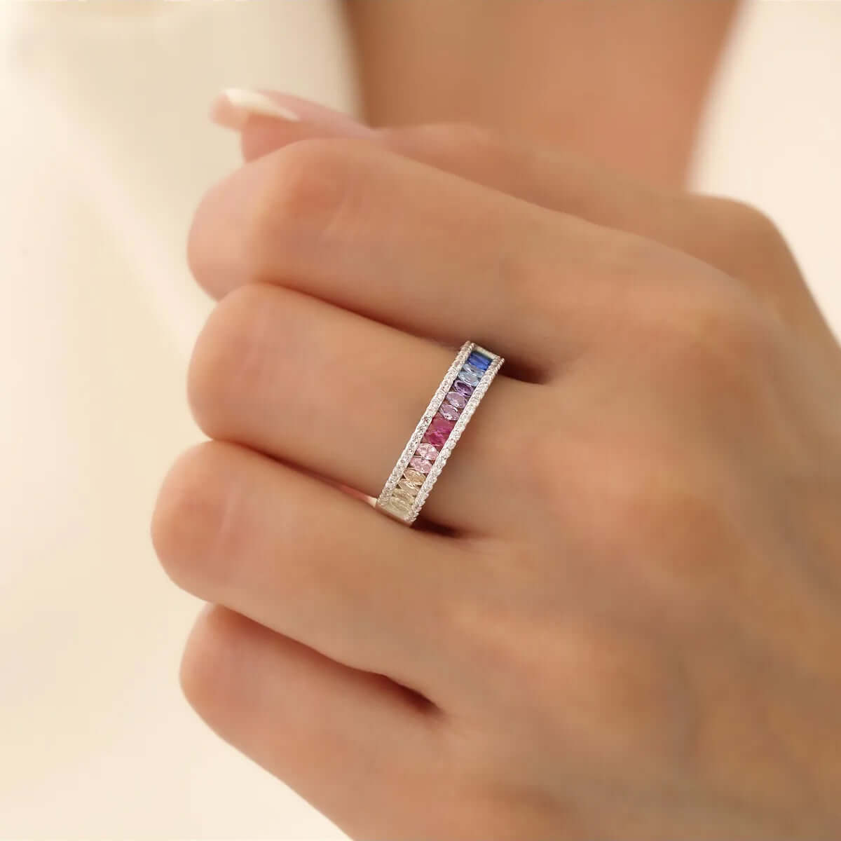 Rainbow CZ Crystal Ring 925 Silver Channel Band