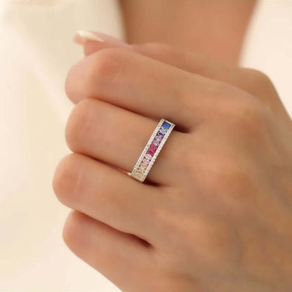 Rainbow CZ Crystal Ring 925 Silver Channel Band