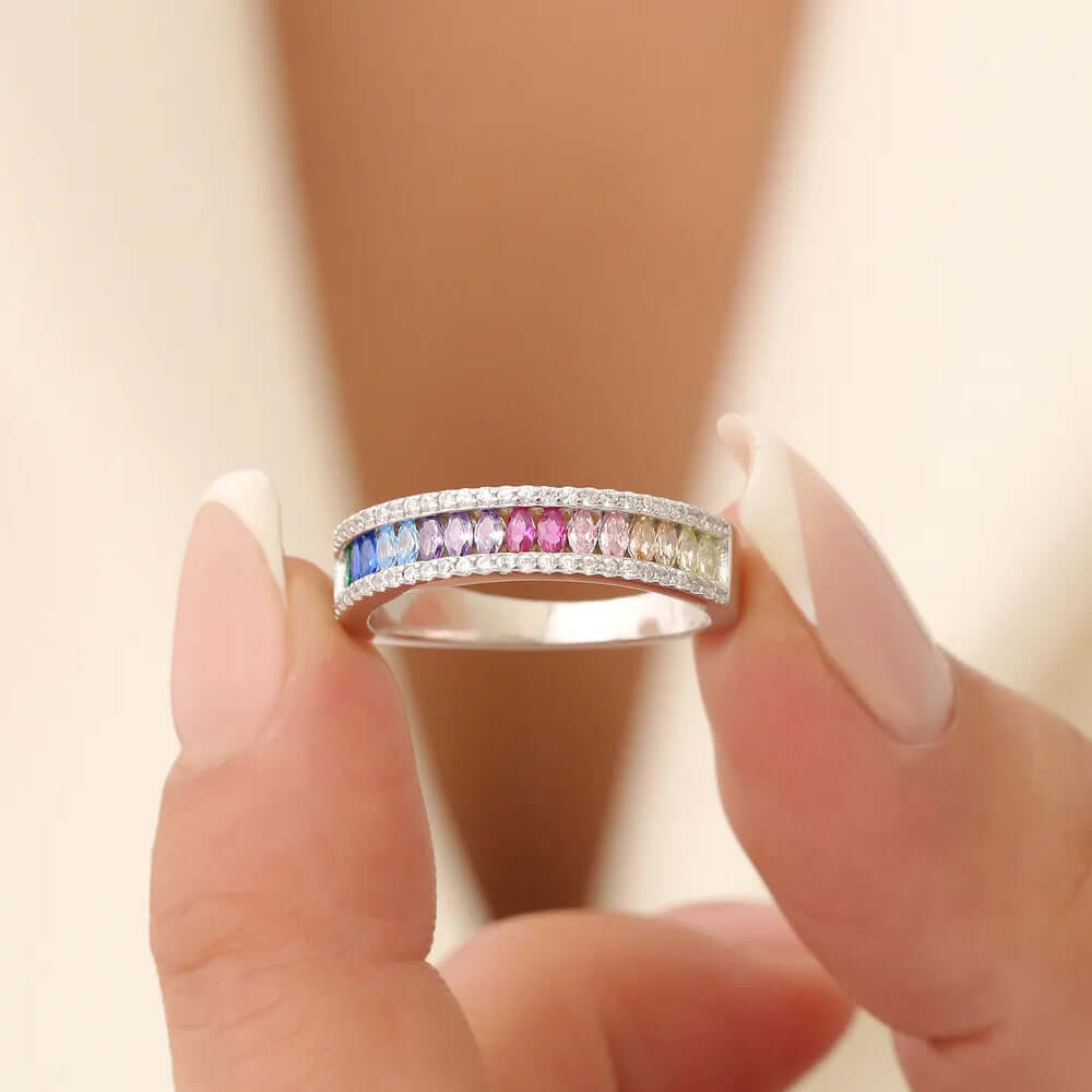 Rainbow CZ Crystal Ring 925 Silver Channel Band
