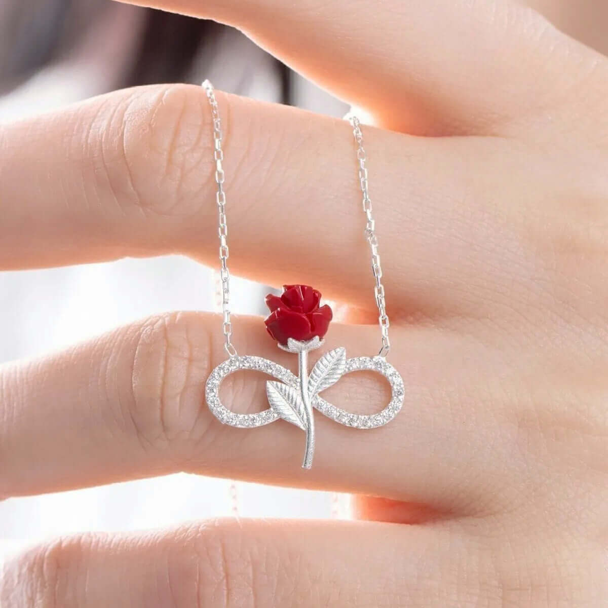Infinity Necklace in 925 Sterling Silver with Rose and Zircon Stones