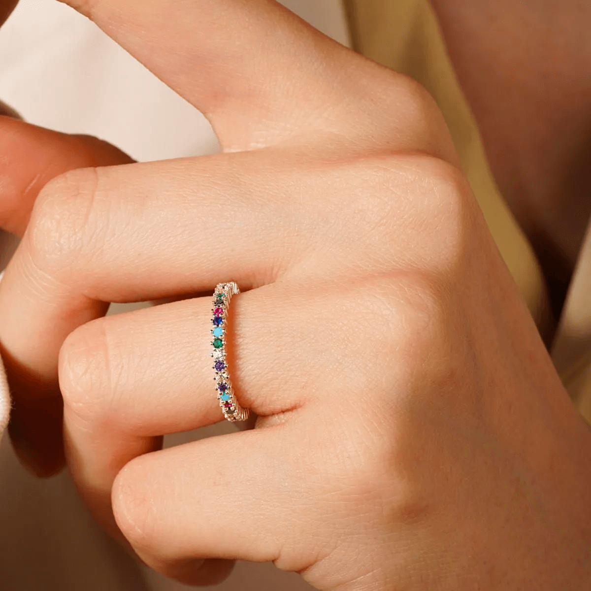 Single Row Mixed Colors Zircon Stone Eternity Silver Ring