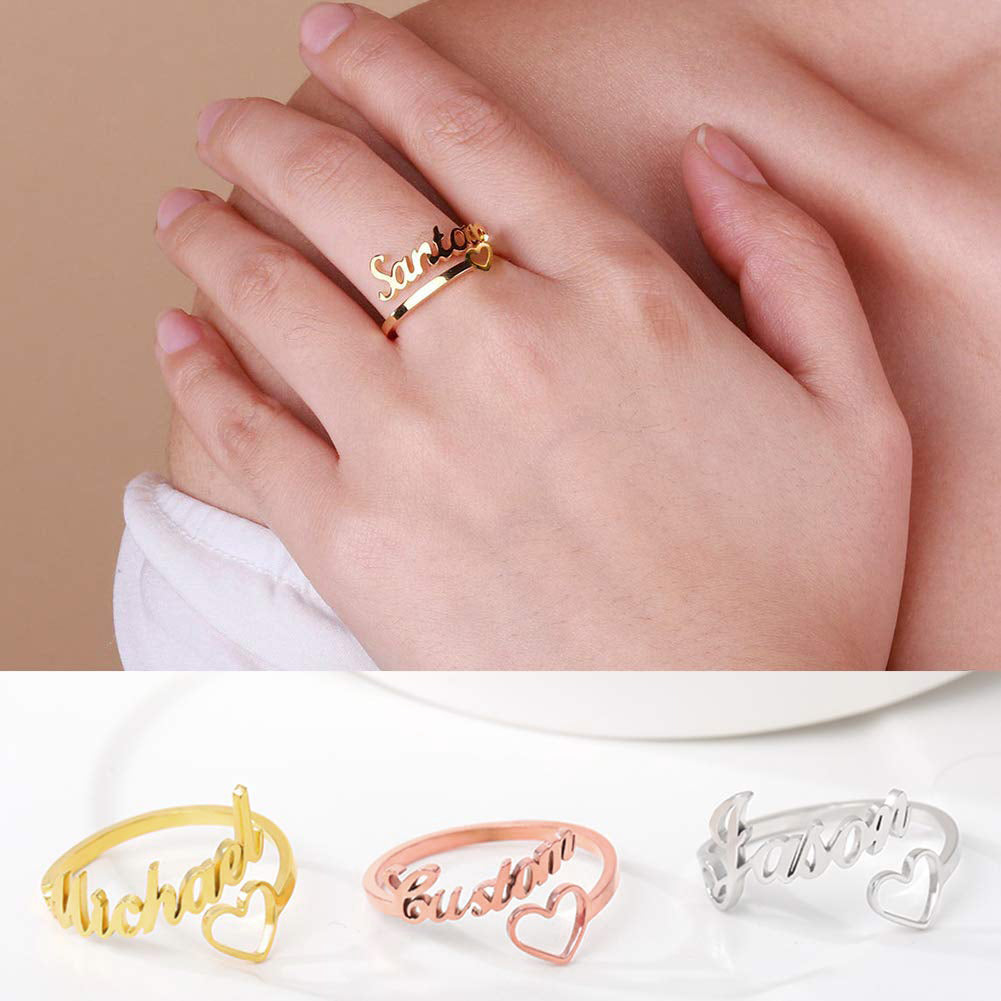 Custom Name Ring with Heart Gold Dainty Jewelry