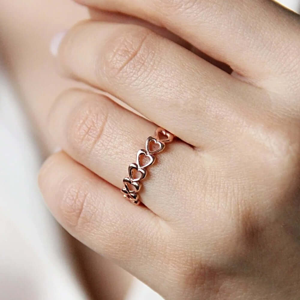 Rose Gold-Plated Open Band Love Ring with Hearts