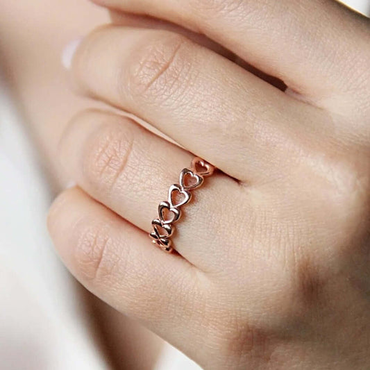 Rose Gold-Plated Open Band Love Ring with Hearts
