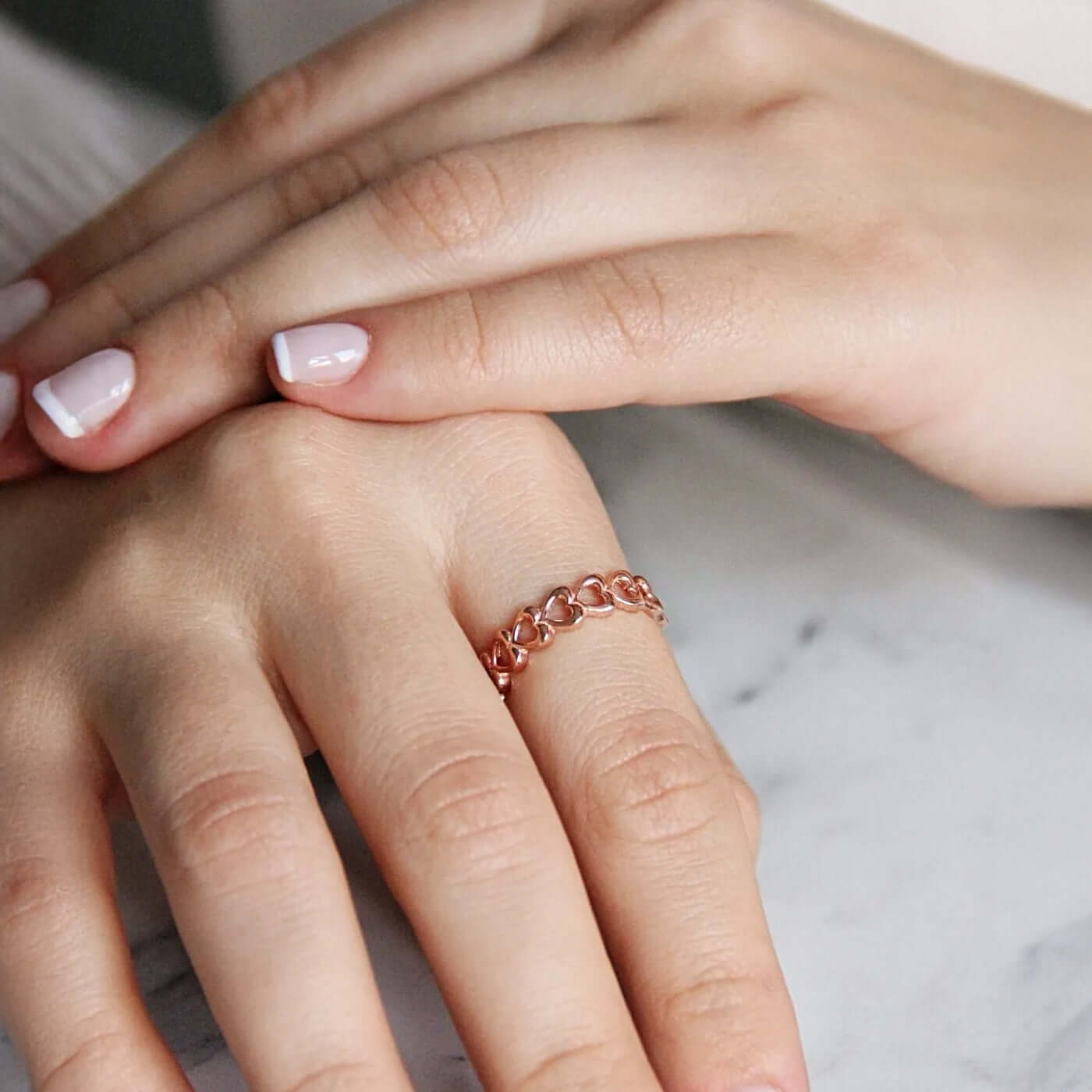 Rose Gold-Plated Open Band Love Ring with Hearts