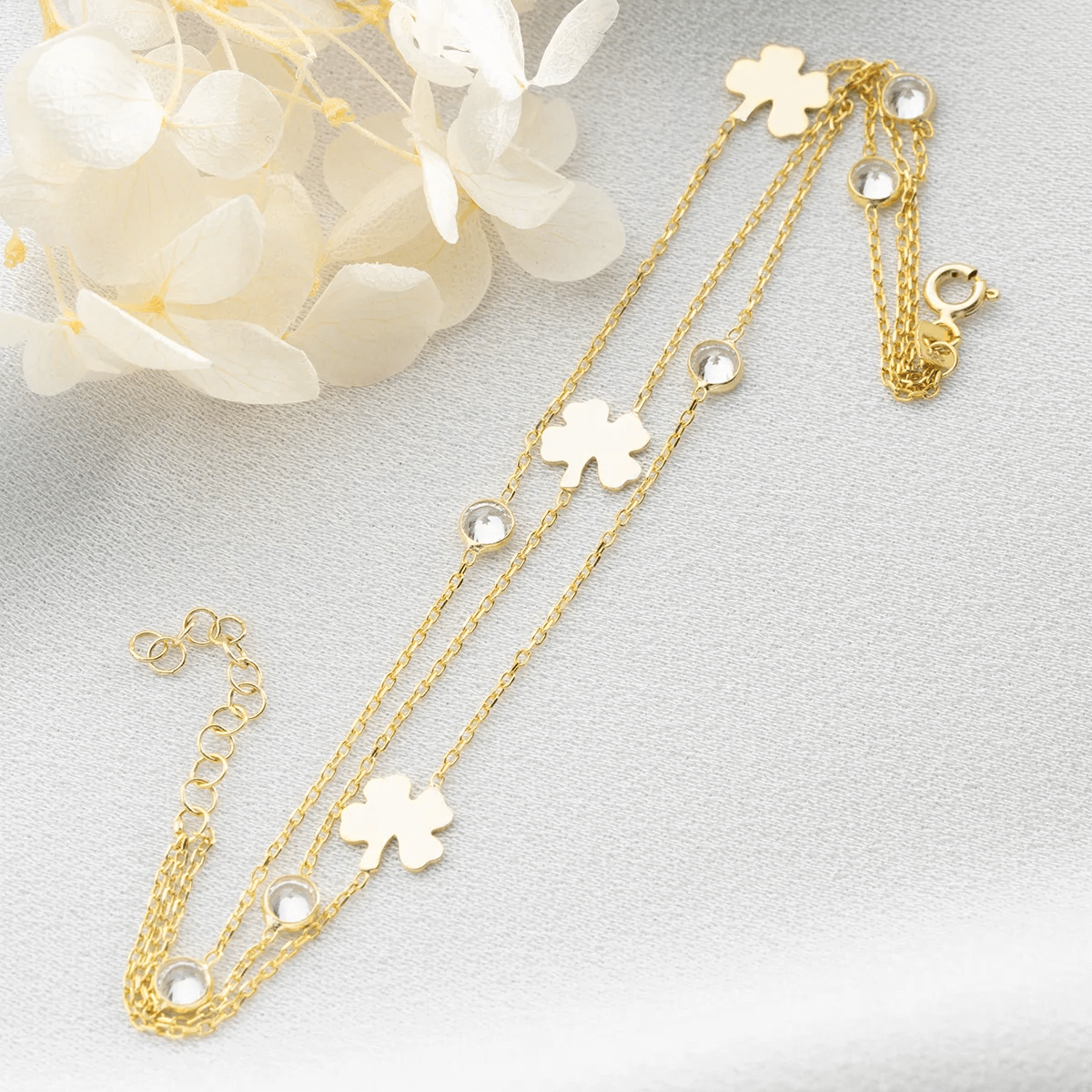 Rose Plated Sterling Silver Clover Layered Chain Bracelet