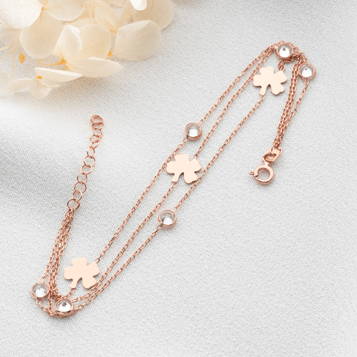 Rose Plated Sterling Silver Clover Layered Chain Bracelet