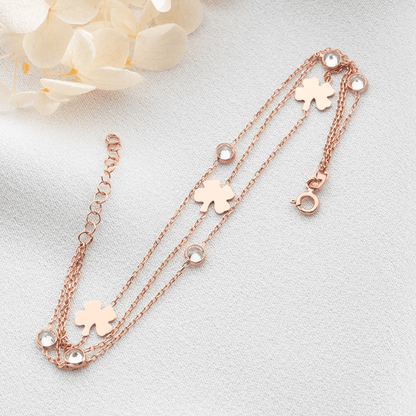 Rose Plated Sterling Silver Clover Layered Chain Bracelet