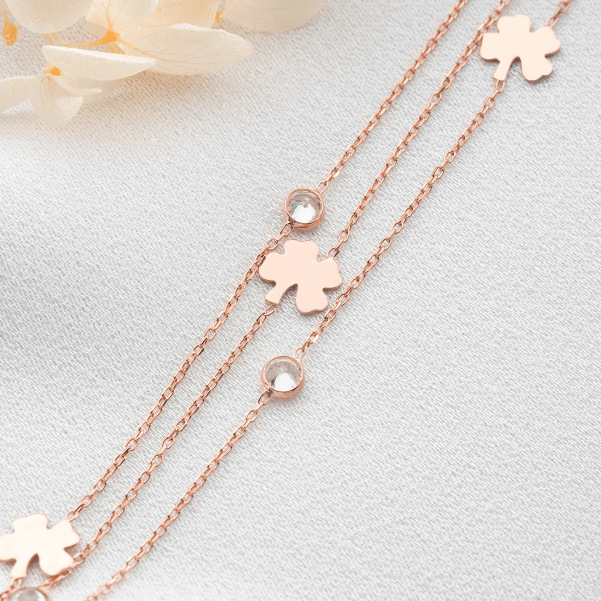 Rose Plated Sterling Silver Clover Layered Chain Bracelet
