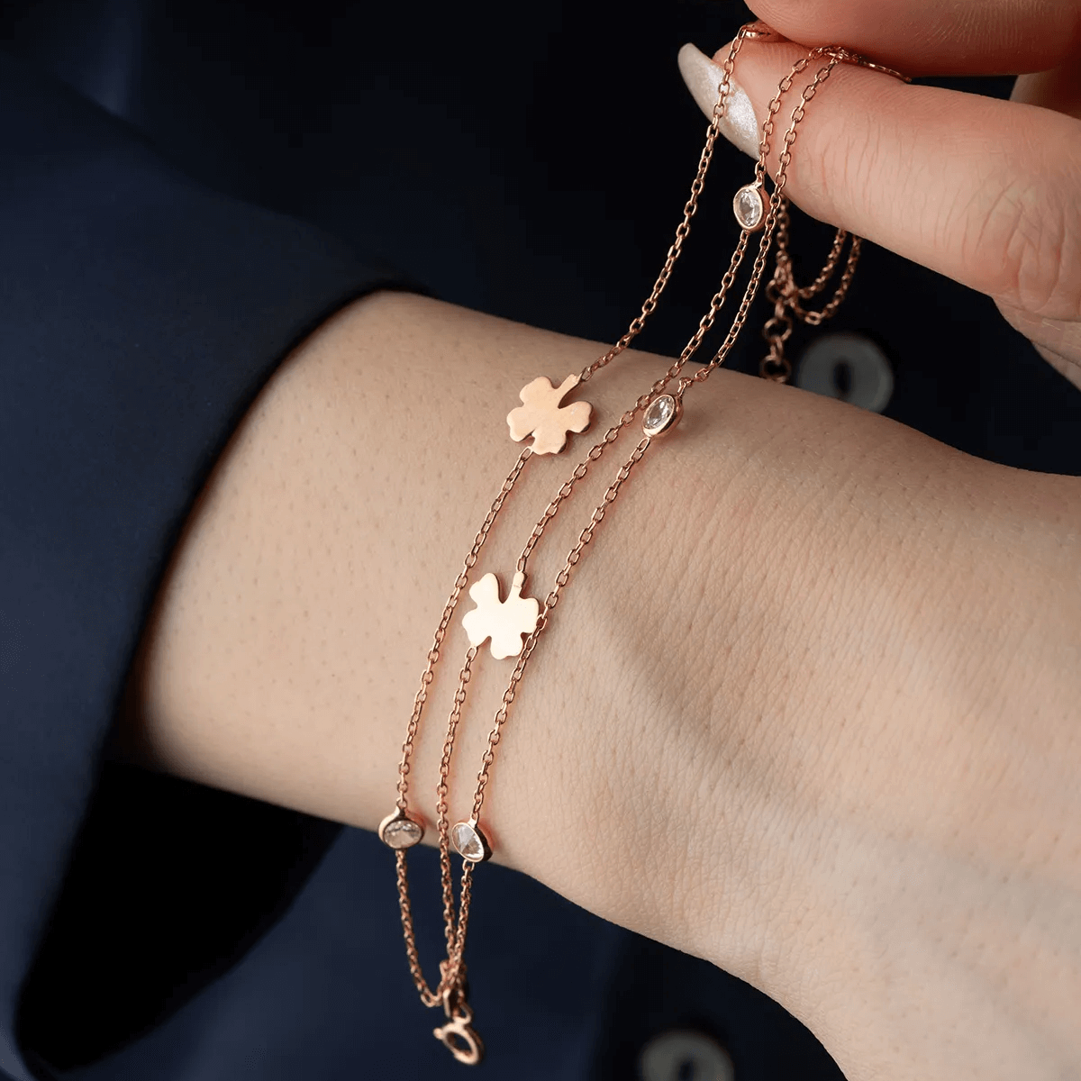 Rose Plated Sterling Silver Clover Layered Chain Bracelet