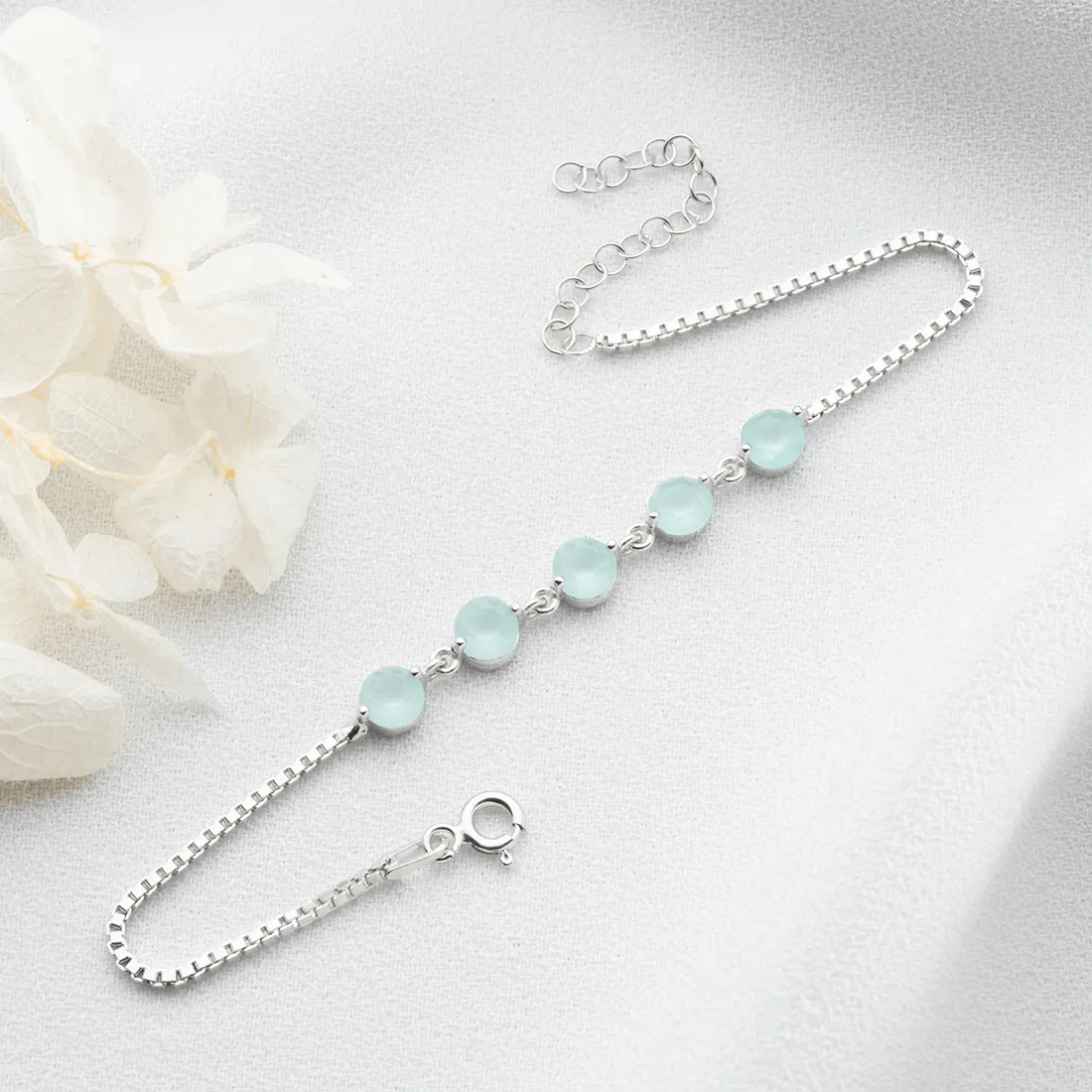 Round Opal Box Link Five Stone Bracelet in Sterling Silver