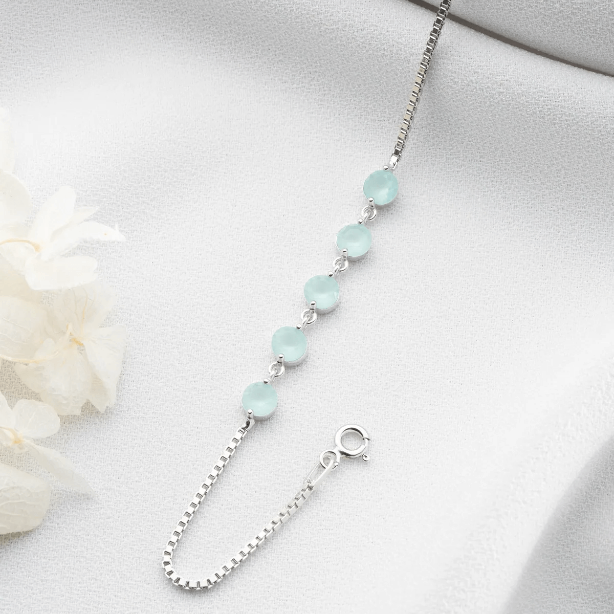 Round Opal Box Link Five Stone Bracelet in Sterling Silver