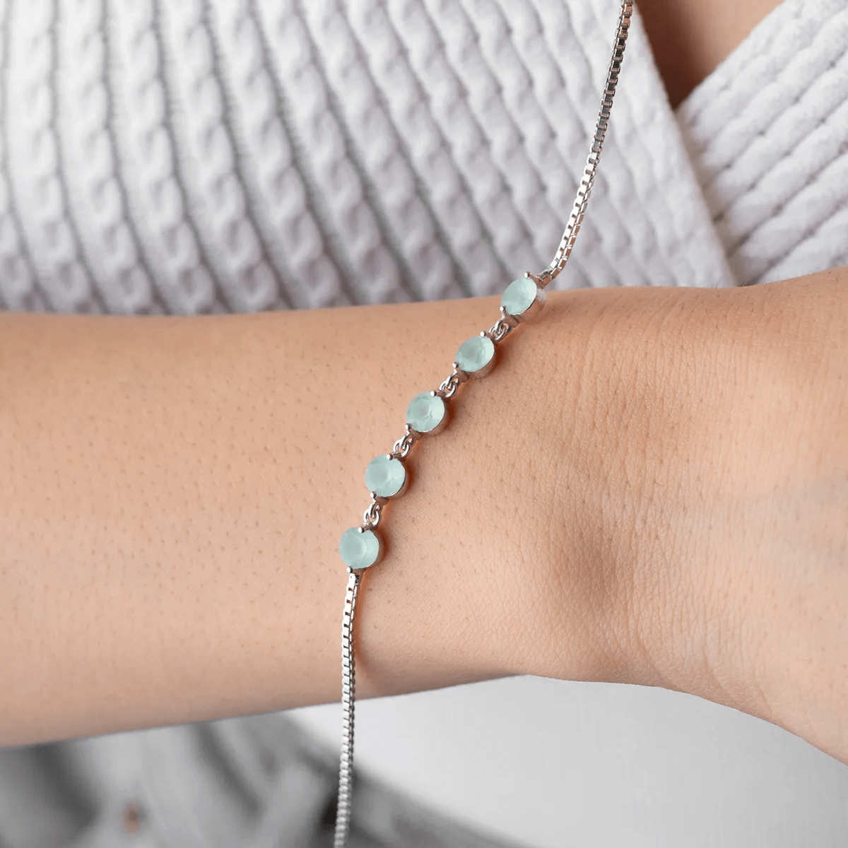 Round Opal Box Link Five Stone Bracelet in Sterling Silver