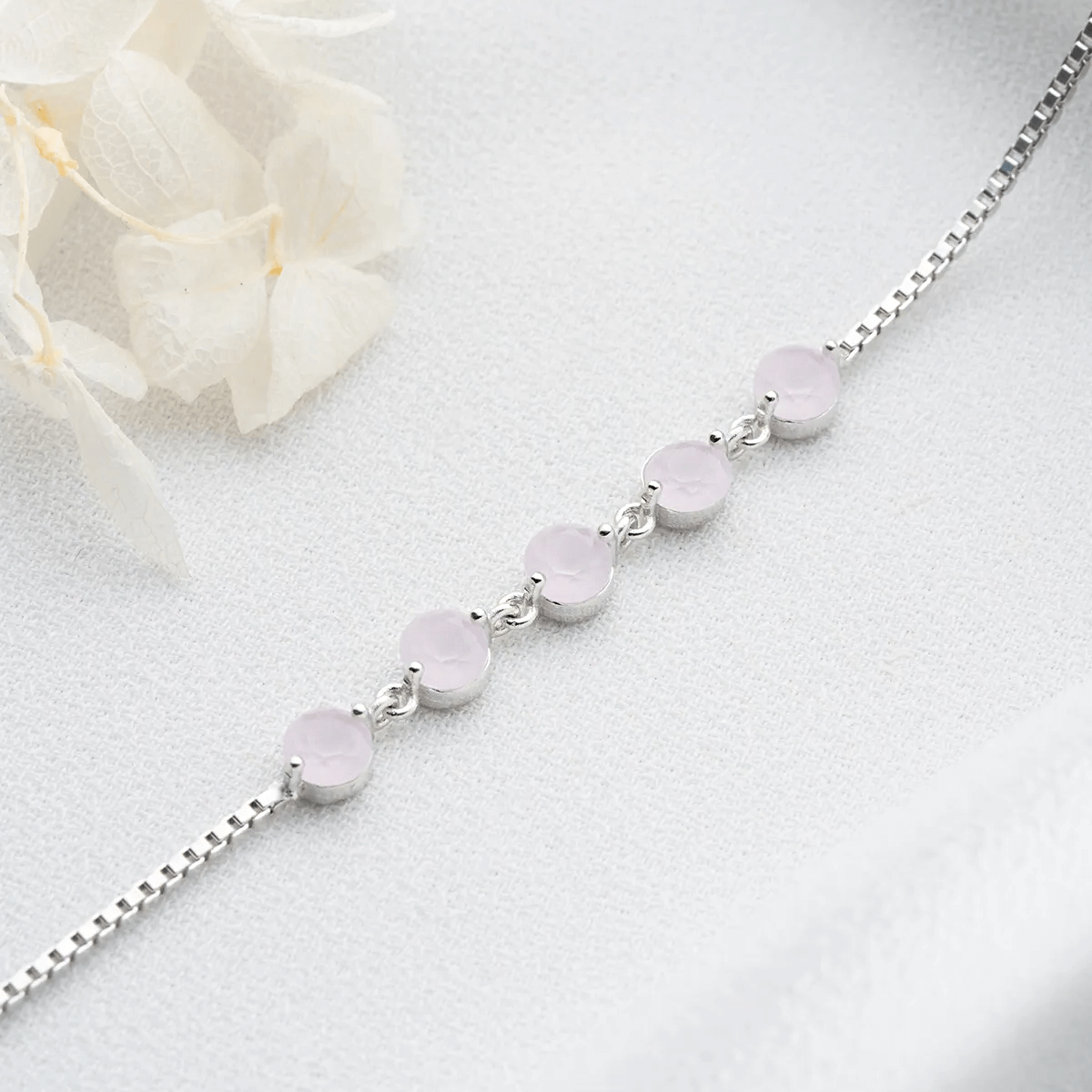 Round Opal Box Link Five Stone Bracelet in Sterling Silver