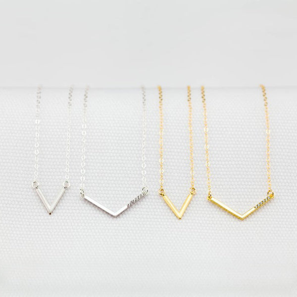 Chevron Necklace V Pendant with 6 Genuine Diamonds