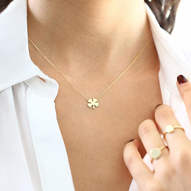 Four Leaf Clover Necklace 14k Solid Gold Mini Pendant