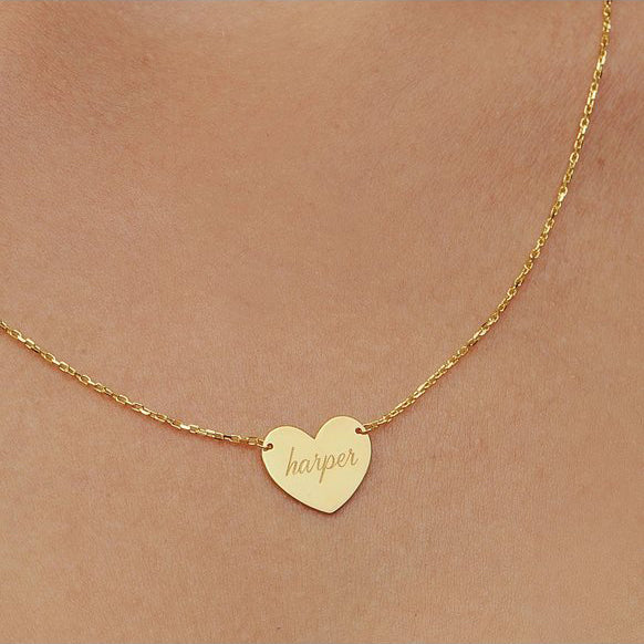 Solid Gold Heart Necklace with Chain Custom Engraving