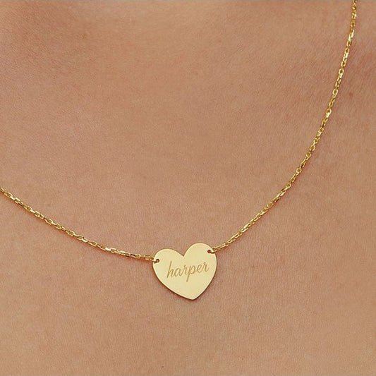 Solid Gold Heart Necklace with Chain Custom Engraving