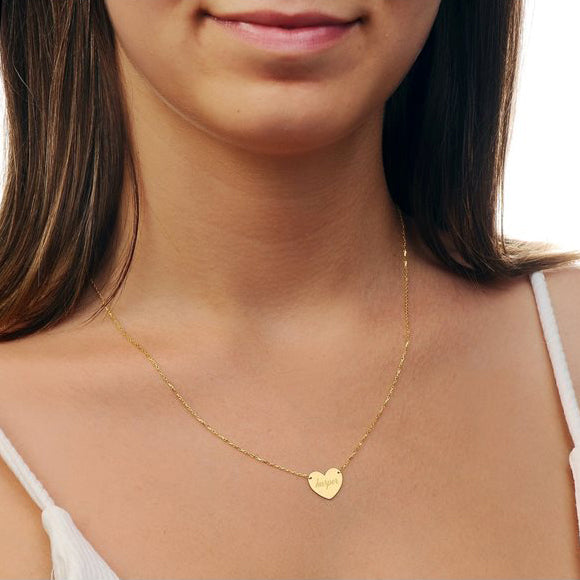 Solid Gold Heart Necklace with Chain Custom Engraving