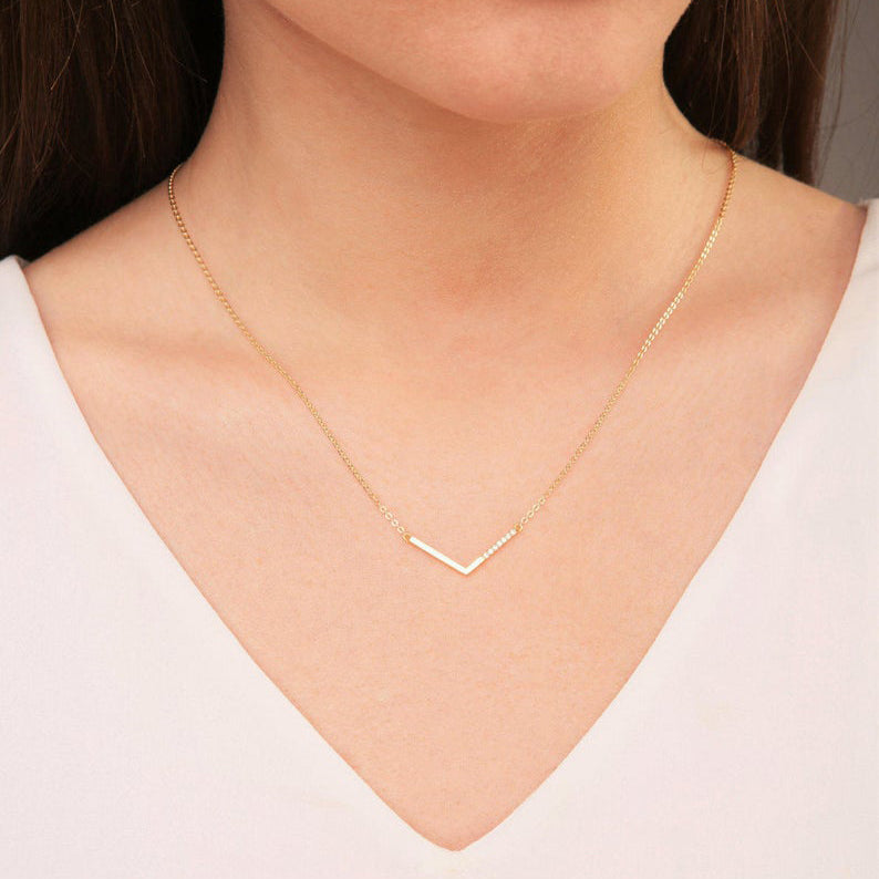14k Gold V Bar Necklace with 6 Natural DIAMONDS
