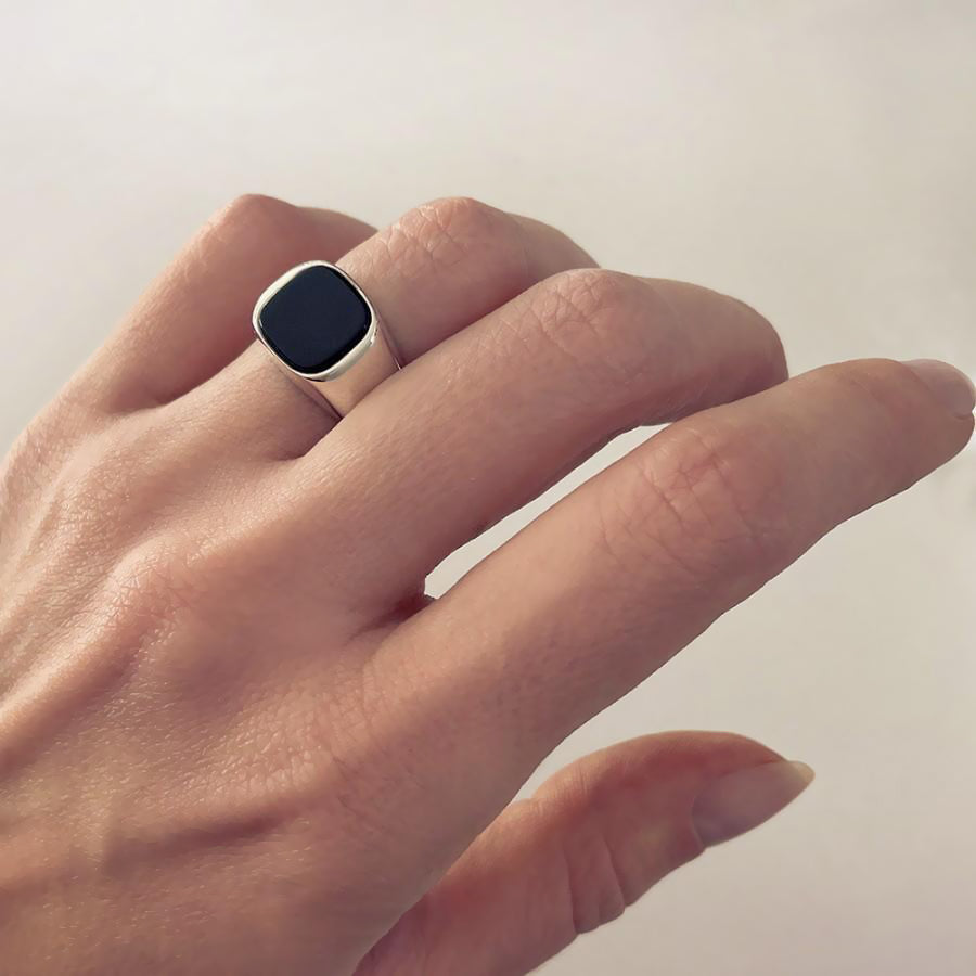 Natural Black Onyx Signet Ring Solid Sterling Silver Basic Jewelry