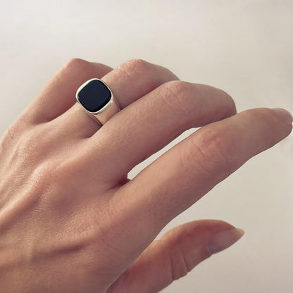 Natural Black Onyx Signet Ring Solid Sterling Silver Basic Jewelry