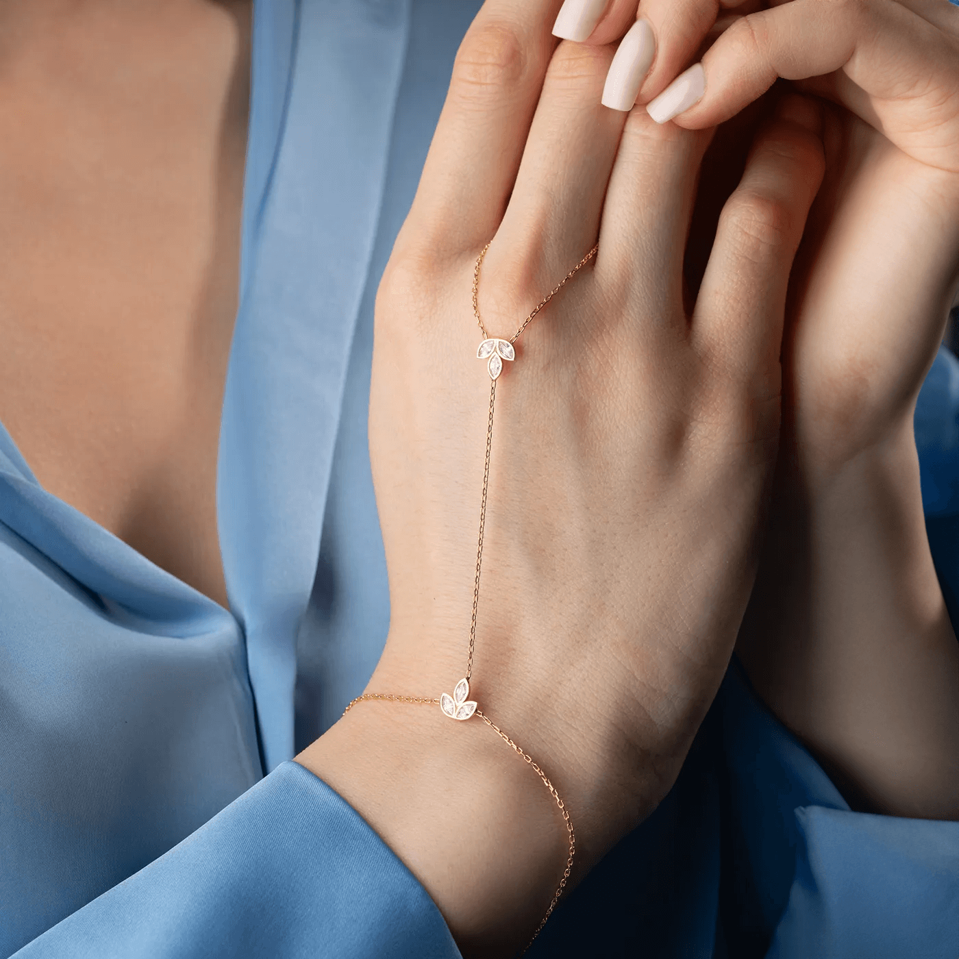 Silver Handlet Gemstone Lotus Bracelet with Chain Ring