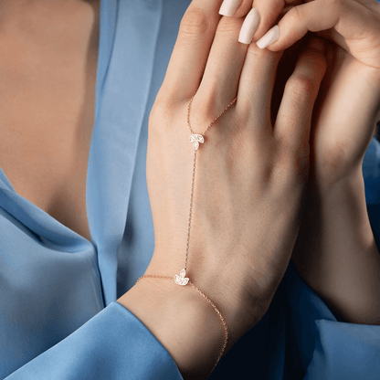 Silver Handlet Gemstone Lotus Bracelet with Chain Ring