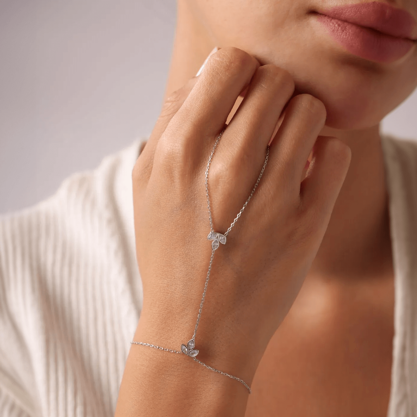 Silver Handlet Gemstone Lotus Bracelet with Chain Ring