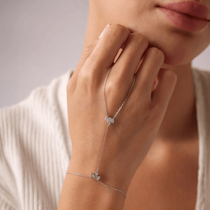 Silver Handlet Gemstone Lotus Bracelet with Chain Ring