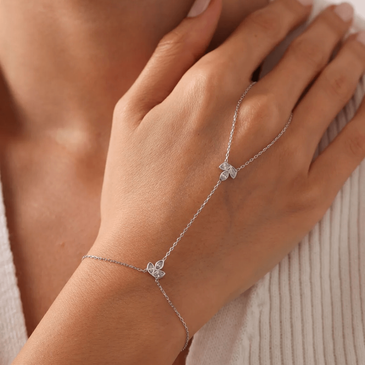 Silver Handlet Gemstone Lotus Bracelet with Chain Ring
