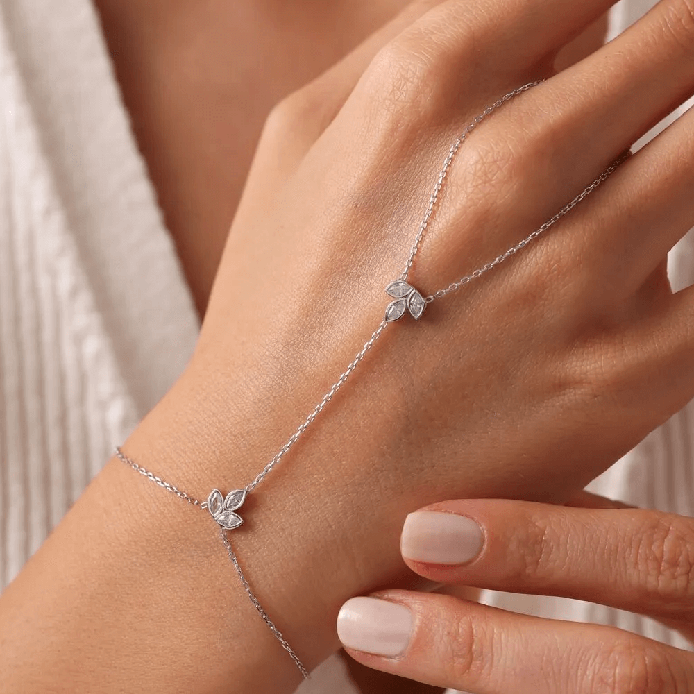 Silver Handlet Gemstone Lotus Bracelet with Chain Ring