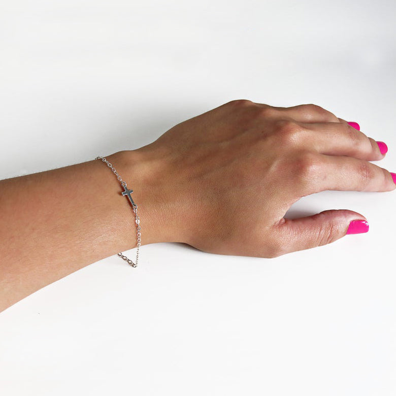 Tiny Sideways Cross Bracelet with Chain 925 Silver Jewelry