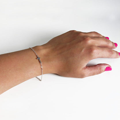 Tiny Sideways Cross Bracelet with Chain 925 Silver Jewelry