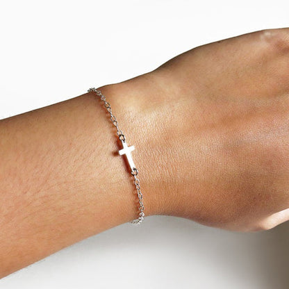 Tiny Sideways Cross Bracelet with Chain 925 Silver Jewelry