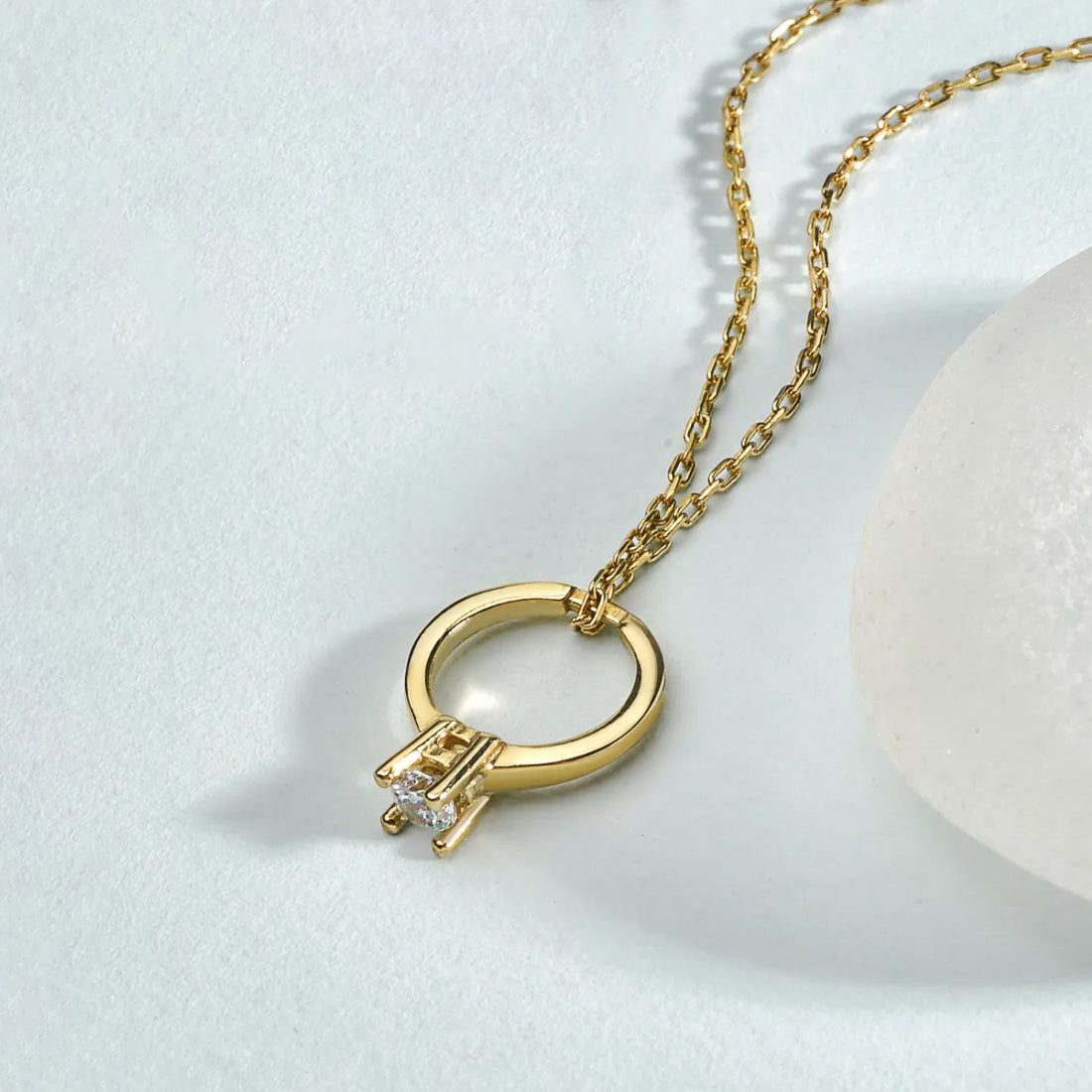 Solitaire Diamond Ring Gold-Plated Silver Pendant Necklace