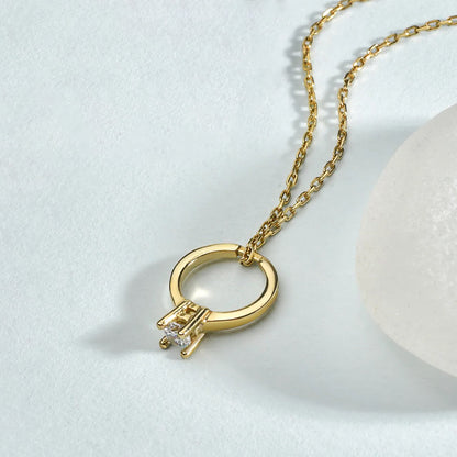 Solitaire Diamond Ring Gold-Plated Silver Pendant Necklace