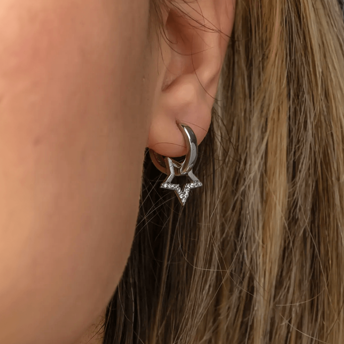 925 Sterling Silver Dangle Star Mini Hoop Earrings