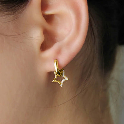 925 Sterling Silver Dangle Star Mini Hoop Earrings