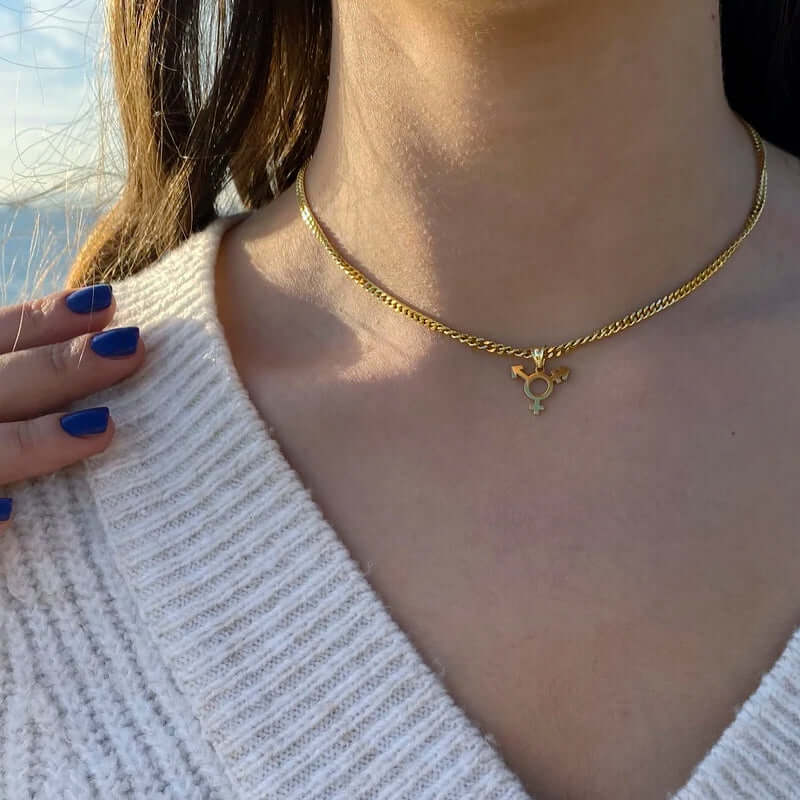 Silver Trans Necklace with Gold-Plated Cuban Chain Transgender Jewelry