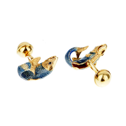 tifthtfany & Co. Sapphire Enamel 18k Yellow Gold Fish Vintage Cufflinks