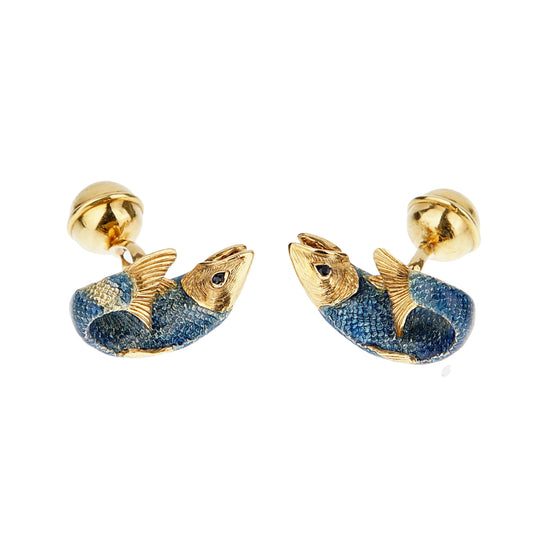 tifthtfany & Co. Sapphire Enamel 18k Yellow Gold Fish Vintage Cufflinks