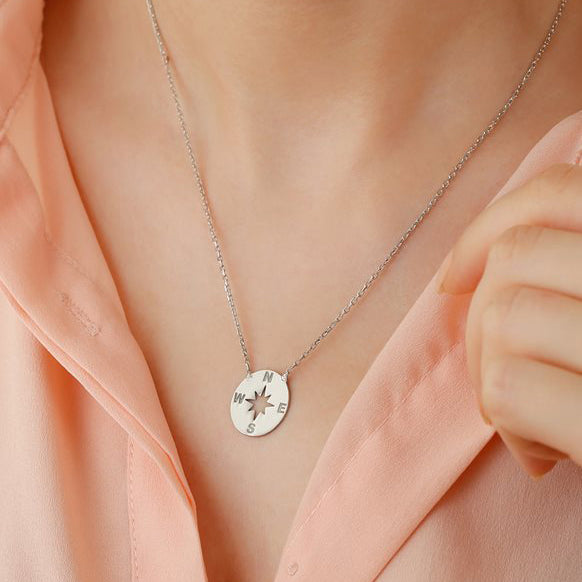 Sterling Silver Dainty Necklace with Compass Charm