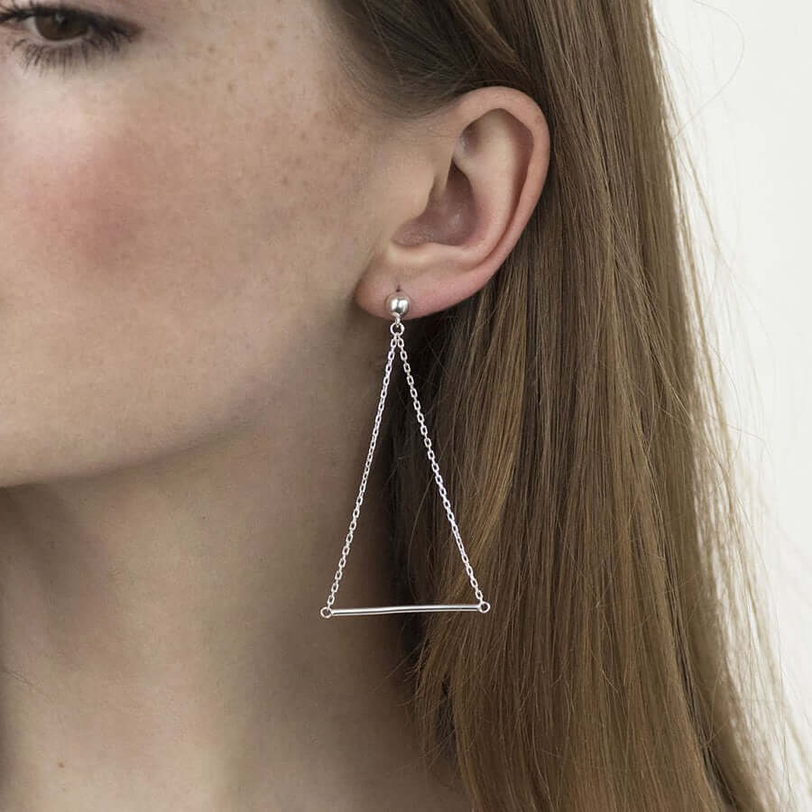Dangle Chain Triangle Earrings Gold Plated 925 Silver Studs