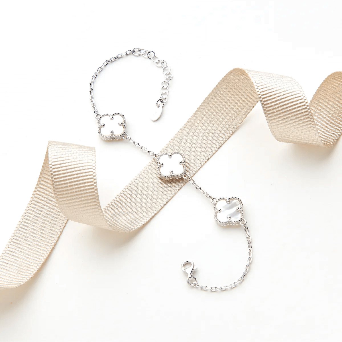 Triple Mother of Pearl Clover Charm Bracelet 925 Silver