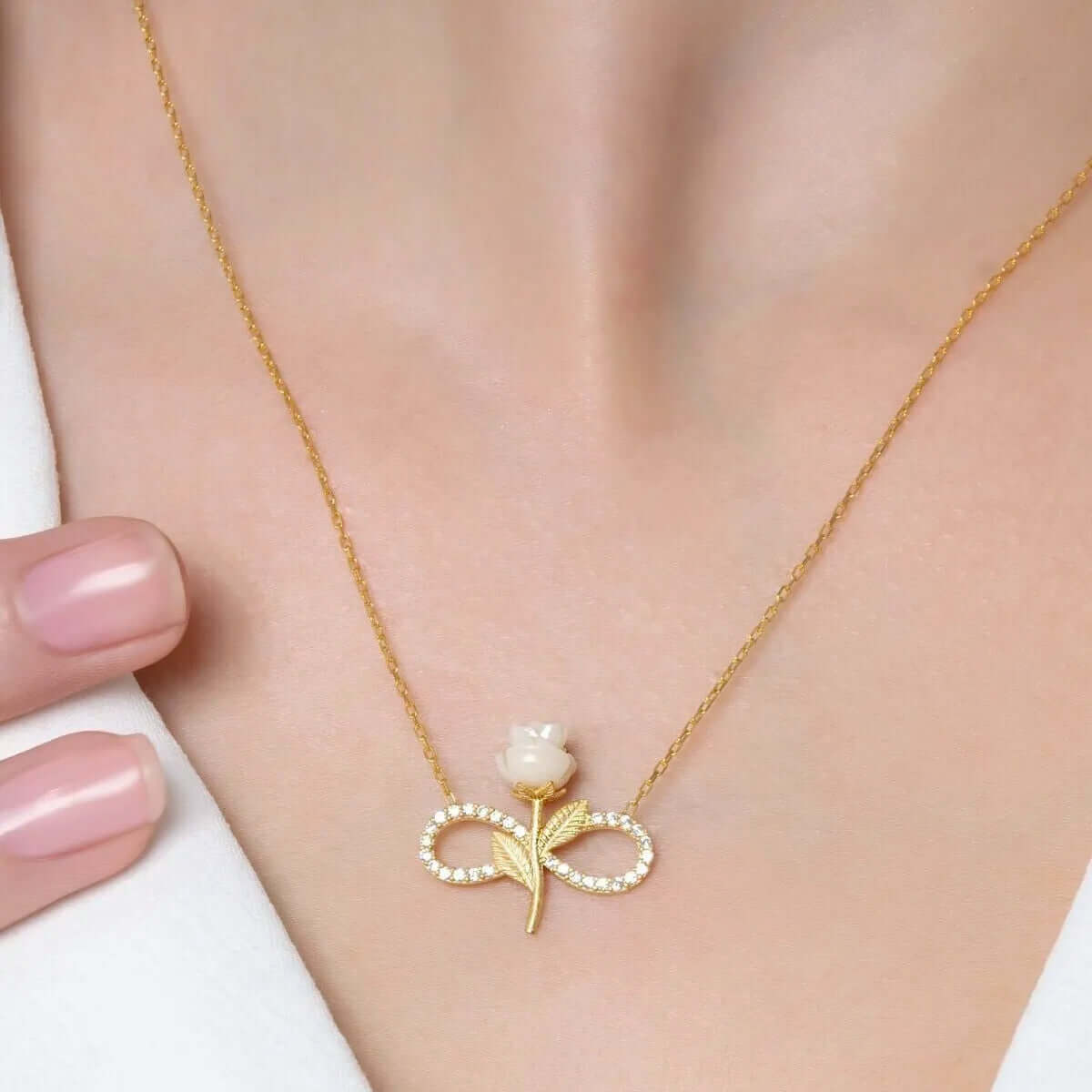 Infinity Necklace in 925 Sterling Silver with Rose and Zircon Stones